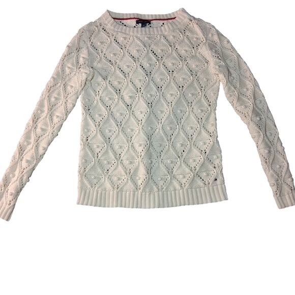 Tommy Hilfiger White Knit Sweater Light Academia Size Small Diamond Pattern - Picture 1 of 10